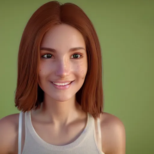 Prompt: Render of April, a cute 3D young woman, bronze brown hair, full round face, green eyes, light tan skin cute freckles, light blush, smiling softly, wearing casual clothing, interior lighting, cozy living room background, medium shot, mid-shot, hyperdetailed, trending on Artstation, Unreal Engine 4k