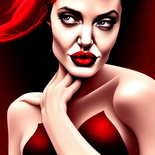 Image similar to angelina jolie as jessica rabbit red dress, character headshot portrait, sharp, digital matte painting, art by luis royo, greg rutkowski, wlop, dramatic lighting, trending on artstation