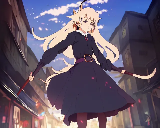 Image similar to key anime visual portrait of a young female witch walking through a busy village, dynamic pose, dynamic perspective, cinematic, dramatic lighting, muted colors, detailed silhouette, textured, finely detailed eyes, anime proportions, little witch academia