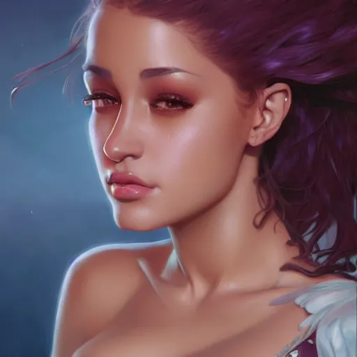 Image similar to ariane grande, highly detailed, digital character, painted portrait, artstation, concept art, hard focus, illustration, art by artgerm and greg rutkowski and alphonse mucha and craig mullins, james jean, andrey ryabovichev, mark simonetti and peter morbacher