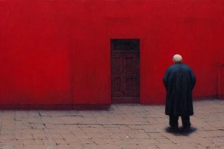 Prompt: only with red, a red old man try to sell a portrait, in a old city square, cheering crowd, in the style of beksinski, parts by edward hopper, parts by rodcenko, parts by yue minjun, intricate and epic composition, red by caravaggio, insanely quality, highly detailed, masterpiece, red light, artstation, 4 k