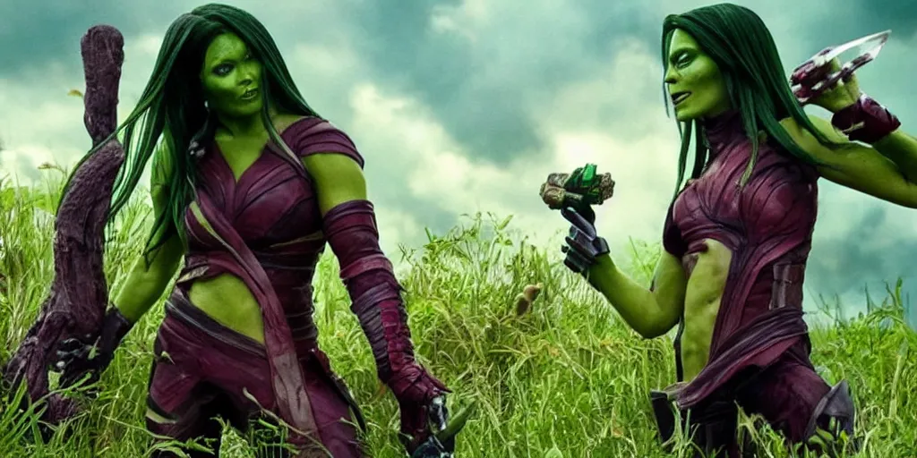 Prompt: beautiful photograph of Gamora taking mate with Scorpion from Mortal Kombat in the field with an ombú in the background. Medium shot.