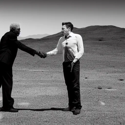 Image similar to morgan freeman shaking hands with elon musk, grayscale photography, black and white