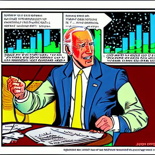 Prompt: Comic strip from Joe Biden Stock Market Man, by Alan Moore and Robert Crumb, artstartion