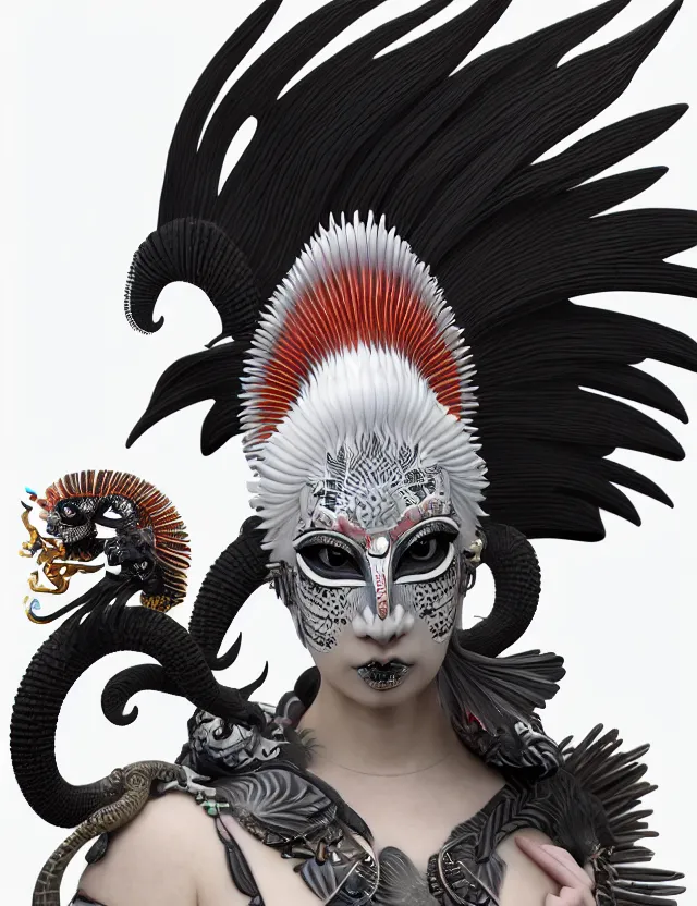 Image similar to 3 d goddess close - up profile simple portrait punk with mohawk with ram skull. beautiful intricately detailed japanese crow kitsune mask and clasical japanese kimono. betta fish, jellyfish phoenix, bio luminescent, plasma, ice, water, wind, creature, artwork by tooth wu and wlop and beeple and greg rutkowski