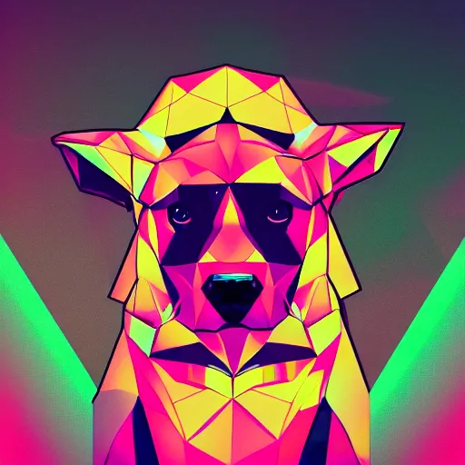 Image similar to high quality photo of dog, digital art, polygonal art, cyberpunk, synthwave