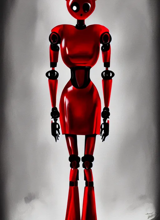 Prompt: a robot wearing a red dress, full body shot, highly detailed, digital painting, artstation, concept art, smooth, sharp focus, illustration