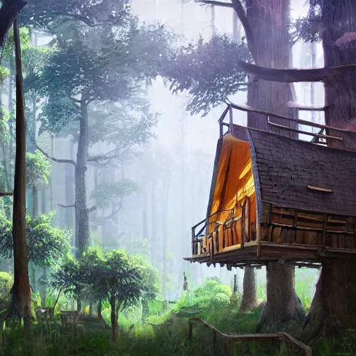 Image similar to concept art painting of treehouses made out of trees, walkways between trees, trees with doors and windows in a deep forest, realistic, detailed, cel shaded, in the style of makoto shinkai and greg rutkowski and james gurney