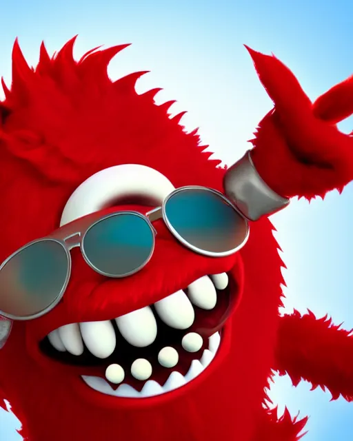 Image similar to 3 d render of completely red hairy friendly monster smiling wearing chrome shades, cute, cartoony, white background, unreal engine 5