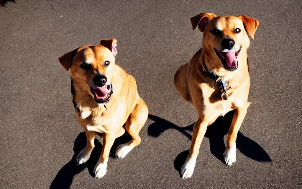 Image similar to a 3 5 mm photo of a dog, sigma 2 4 mm f / 8,, smiling,, sitting, warm lighting, strong shadow, cinematic, realistic,