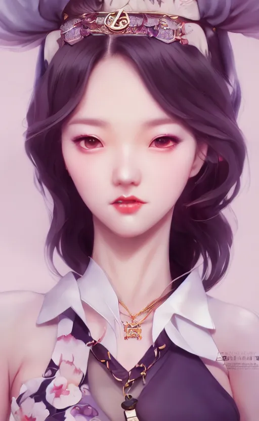 Image similar to a pin up and beautiful fashion charming dreamlke korea girl with lv jewelry, character art, art by artgerm lau and kyoung hwan kim and and ilya kuvshinov and john singer sargent, hyperdetailed, 8 k realistic, symmetrical, frostbite 3 engine, cryengine, dof, trending on artstation, digital art