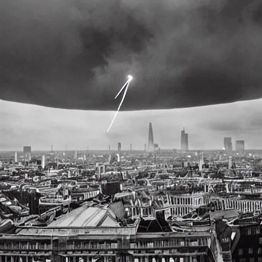 Image similar to London under attack by UFOs, Second World War, black and white