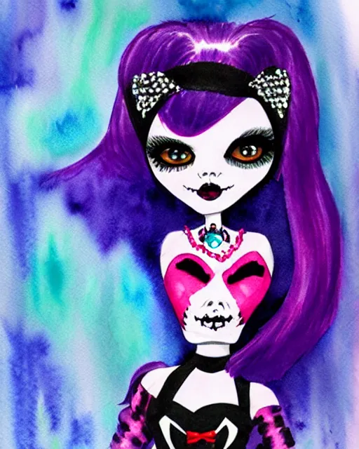 Image similar to watercolor portrait of monster high draculaura doll, by darkodordevic, watercolor