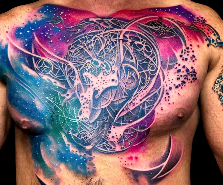 Prompt: closeup photograph of an incredible color chest tattoo of dark mad hatter made of galaxies in the style of Alex grey peter mohrbacher intricate, model with attractive body, award-winning by rapha lopes, and baris yesilbas, photo taken with dramatic studio lighting by brian ingram