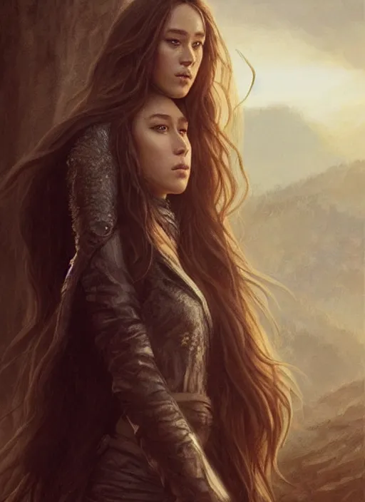 Image similar to alycia debnam - carey, beautiful highly detailed face, complementary lighting, backlit, black eyeshadow, grinning, adventure, dramatic lighting, landscape background, beautiful painting by artgerm and greg rutkowski and raymond swanland