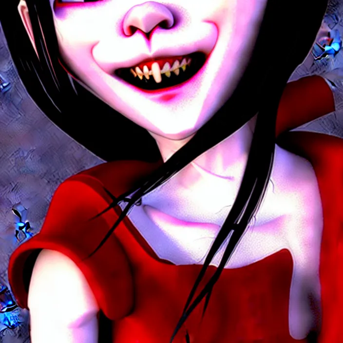 Image similar to renaissance portrait of the secretive vampire girl loner smiling at her next victim, by katsuhiro otomo, yoshitaka amano, nico tanigawa, and artgerm rendered with 3 d effect.