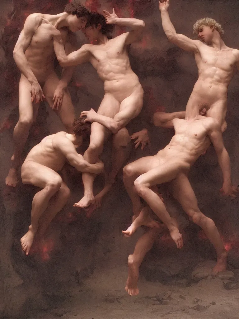 Prompt: photorealistic dante and vergil in hell, 2 bodies, light landscape, contemporary, rich deep colors, by william adolphe bouguereau. rendered in blender, ultra realistic, smooth shadows, ultra detail, high resolution, cinematic unreal 5, 8 k 3 d