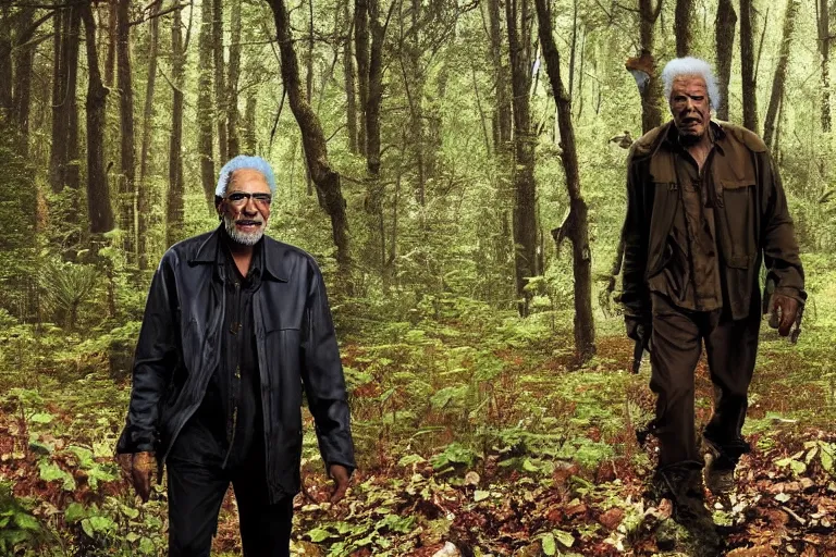 Prompt: Morgan Freeman is hunting you in the woods