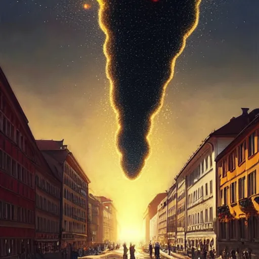 Prompt: , city of munich!!!, huge bright meteor falling from the skies!!!, people in panic!!, hyperrealistic, highly detailed, cinematic, golden sunlight, beautiful, cgssociety, artstation, 8 k, oil painting by greg rutkowski, by artgerm, by wlop