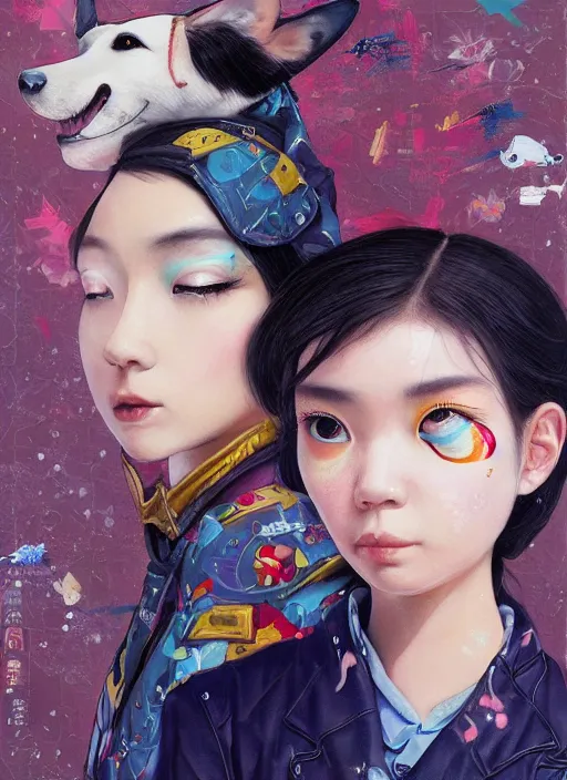 Prompt: beautiful portrait painting of a cute Taiwan lofi cyberpunk princess and her corgi assassin king, by Afarin Sajedi, Alessandro Barbucci, Alex Gross, Shin Jeongho, Shohei Otomo. trending on Artstation, 8k, masterpiece, face enhance, graffiti paint, fine detail, full of color, intricate detail, golden ratio illustration