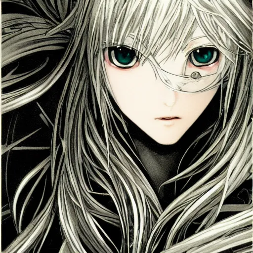 Image similar to blurred and dreamy character design by yoshitaka amano of an anime girl with black eyes, wavy white hair fluttering in the wind wearing elden ring armor with engraving, abstract black and white patterns on the background, noisy film grain effect, highly detailed, renaissance oil painting, weird portrait angle, yoshitaka amano color palette, three quarter view