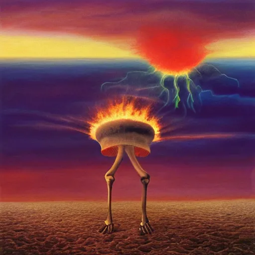 Prompt: a skeleton walking on a beach next to the ocean with nuclear bomb explosion in the background, a naturalism painting by Storm Thorgerson, featured on cg society, matte painting, realistic, chillwave, anatomically correct, light colors, photo-realistic huge mushroom-cloud on the horizon