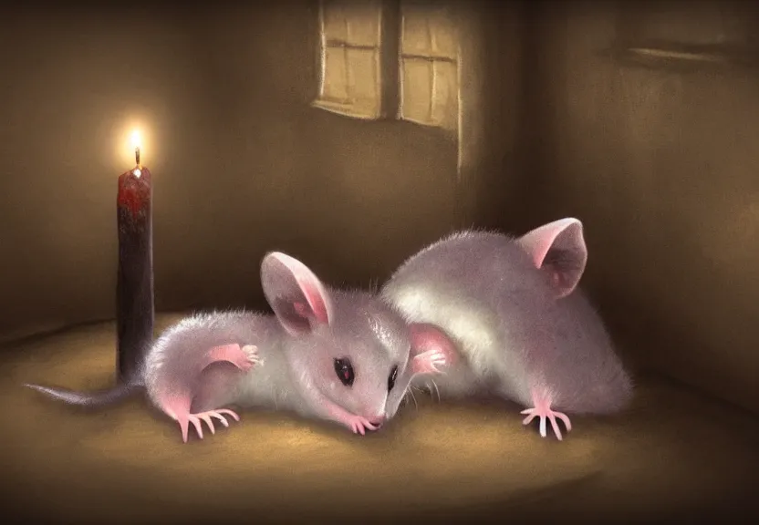 Prompt: cute possum in its pajamas sleeping in a bed in a medieval bedroom at night under the dim light of a candle, dark fantasy, dreaming illusion, trending on artstation