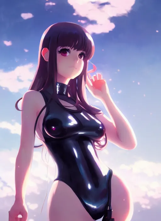 Image similar to portrait of cute girl in latex clothes, cloudy sky background lush landscape illustration concept art anime key visual trending pixiv fanbox by wlop and greg rutkowski and makoto shinkai and studio ghibli and kyoto animation