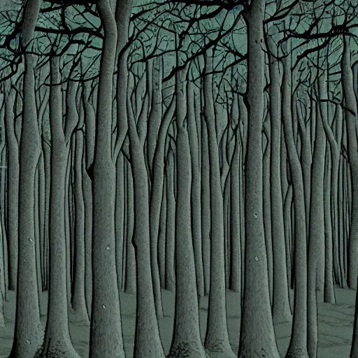 Image similar to endless forest of trees, highly detailed, ominous, vast