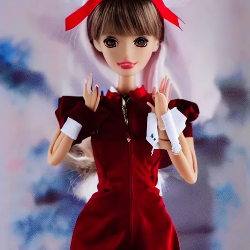 Image similar to anime barbie doll, 5 dolls in one photo, in red velvet stockings, a nurse's dress, full length, heels on her feet