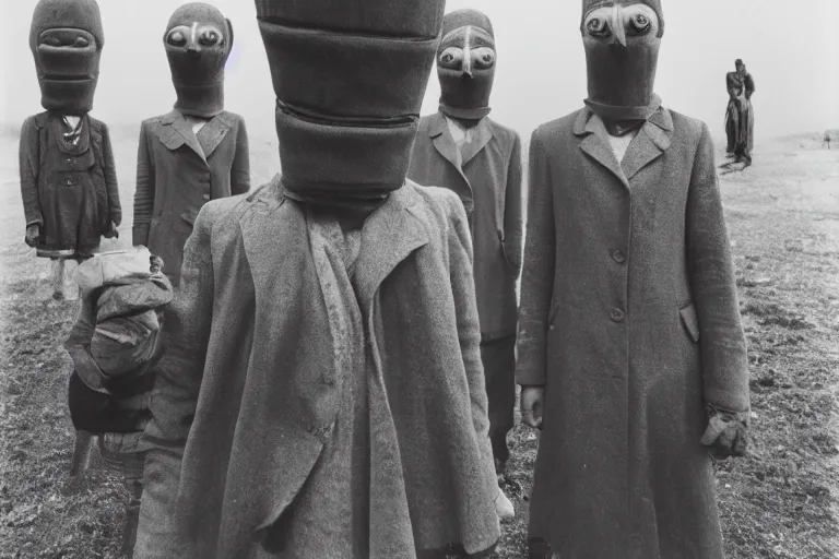 Image similar to vintage photo of villagers wearing weird masks by hilla becher, eerie, bizarre, highly detailed shot, dramatic 8 k uhd