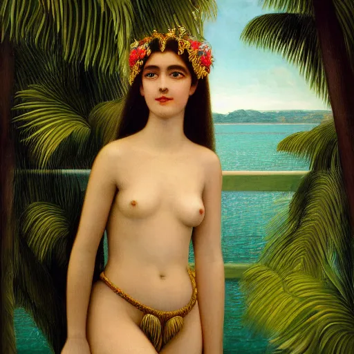 Image similar to a ultradetailed beautiful painting of a girl in the amazonas palace balustrade designed by edward robert hughes, tarsila do amaral, frank weston and gustave baumann, beach, trending on artstation, mediterranean, palm trees, detailed face, sharp focus, soft light, 8 k 4 k