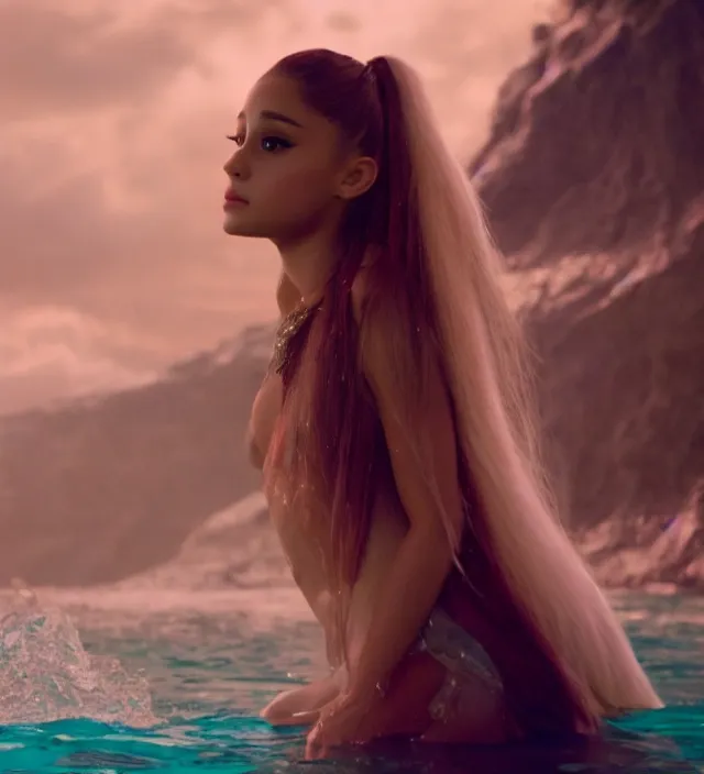 Image similar to ariana grande as a mystical water creature, d & d, movie still frame, hd, remastered, film grain, cinematic lighting