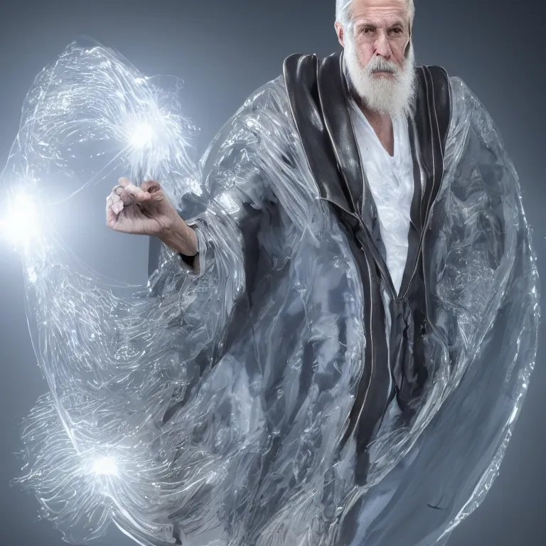 Image similar to high fashion photoshoot octane render portrait by wayne barlow and carlo crivelli and glenn fabry, a distinguished sci - fi futuristic handsome wizard with a long white beard wearing a clear plastic iridescent wizard robes and holding a magical adorable critter while standing inside a glowing ball of plasma energy inside a futuristic fantasy tower, very short depth of field, bokeh