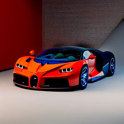 Image similar to still photo of bugatti chiron and ferrari laferrari hybrid, highly detailed, photorealistic portrait, bright studio setting, studio lighting, crisp quality and light reflections, unreal engine 5 quality render