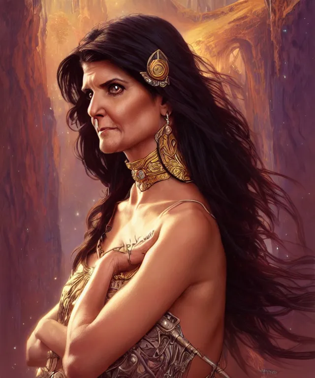 Prompt: Nikki Haley as a fantasy magic woman portrait, sci-fi, amber eyes, face, long hair, fantasy, intricate, elegant, highly detailed, digital painting, artstation, concept art, smooth, sharp focus, illustration, art by artgerm and greg rutkowski and alphonse mucha