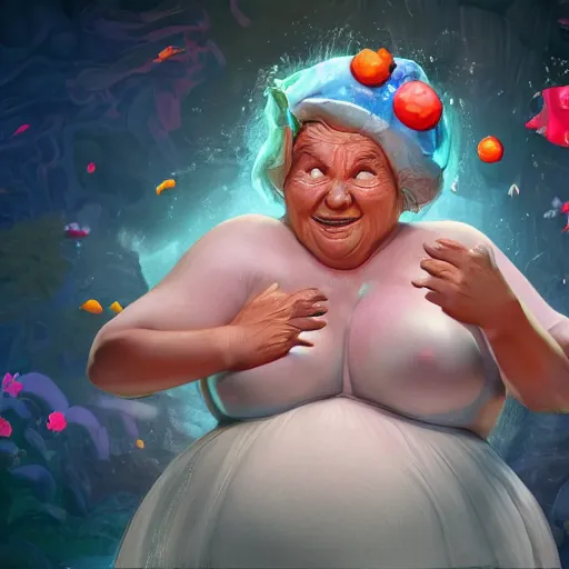 Image similar to of a very funny scene. ambient occlusion render. a sweet fat old woman is giving a birth to a huge colorful fish. flowery dress. mirror. symmetrical face, red mouth, blue eyes. deep focus, lovely scene. ambient occlusion render. concept art. unreal engine.