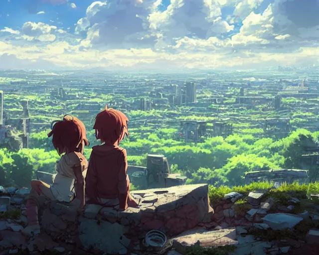 Image similar to a boy and a girl sitting on a hill overlooking the apocalyptic ruins of a city, rubble, ruins, post-apocalyptic, gloomy, end of the world, dust. Girl has long, flowing auburn hair. By Makoto Shinkai, Stanley Artgerm Lau, WLOP, Rossdraws, James Jean, Andrei Riabovitchev, Marc Simonetti, krenz cushart, Sakimichan, D&D trending on ArtStation, digital art.