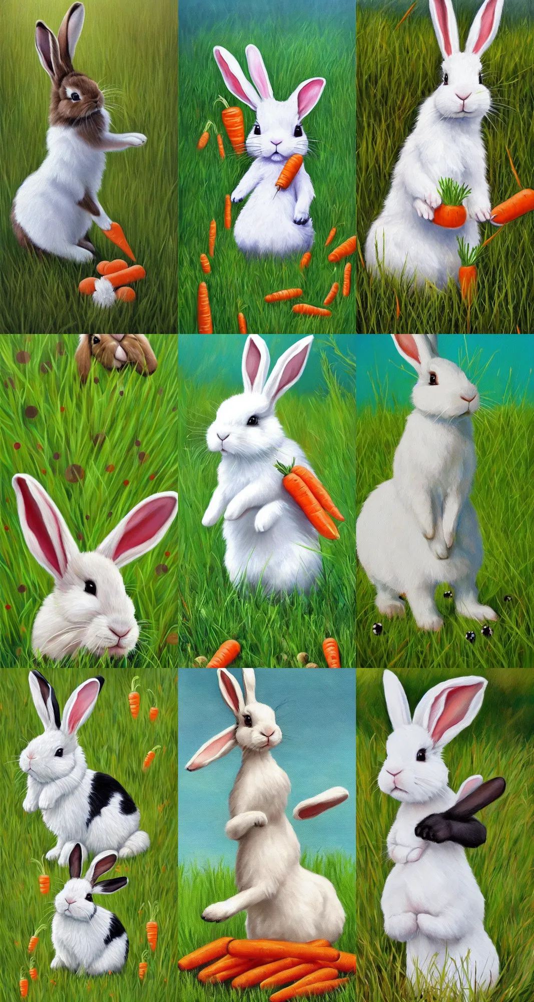 Prompt: beautiful painting, floppy eared bunny in a grassy field eating carrots, white with black spots, happy, trending on artstation