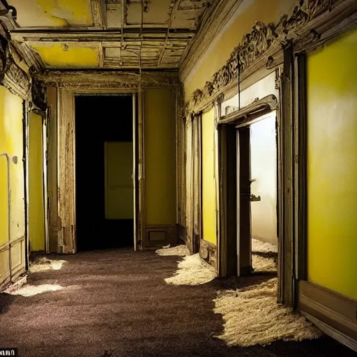 Image similar to Emma Watson lost in the backrooms, old moist carpet, mono-yellow, fluorescent lights, randomly segmented rooms, eerie