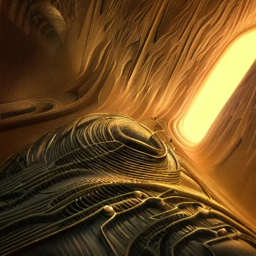 Image similar to The world is labyrinthine beyond possibility of imagining, inhabited on many levels by alien intelligence, infinite in extent, staggering in its beauty, terrifying in its weirdness, endlessly satisfying and peculiar, by Giger and Ralph McQuarrie and Bruce Pennington, cinematic lighting, hyper realism, high detail, octane render, 8k, iridescent accents