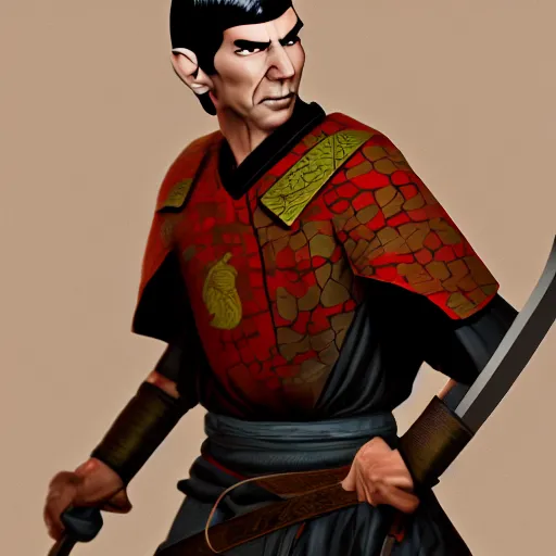 Prompt: Spock in samurai armor with a sword, dynamic lighting, trending on artstation