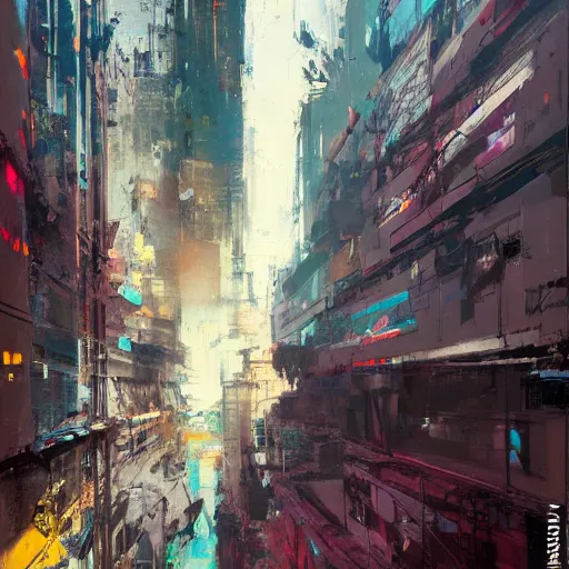 Image similar to back facing city, invert gravity, by greg rutkowski, by jeremy mann, by francoise nielly,, 4 k, 8 k,