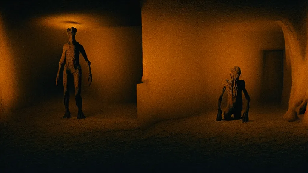Prompt: the creature in the basement, made of glowing wax and ceramic, surrounded by enemies, film still from the movie directed by denis villeneuve and david cronenberg with art direction by salvador dali and zdzisław beksinski, wide lens
