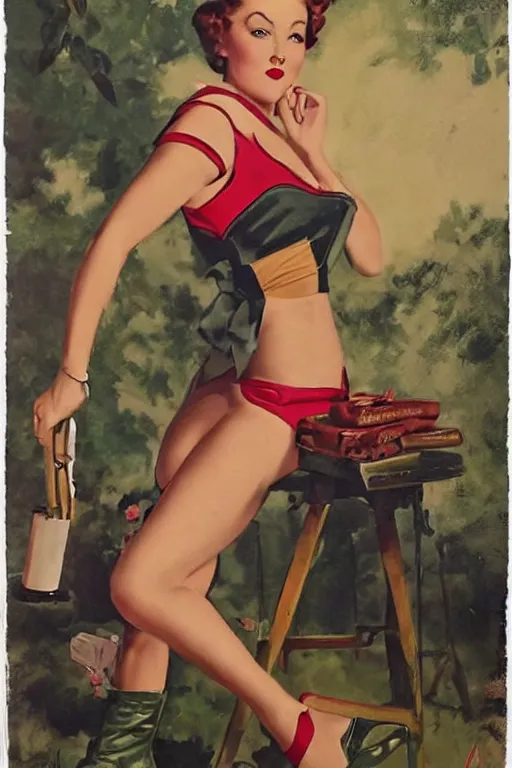 Image similar to a portrait of a one full body pin up post war, dressing a military unioform, garden backgound Gil Elvgren style