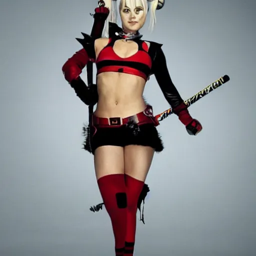 Image similar to A still of Kaley Cuoco as Harley Quinn, full-figure