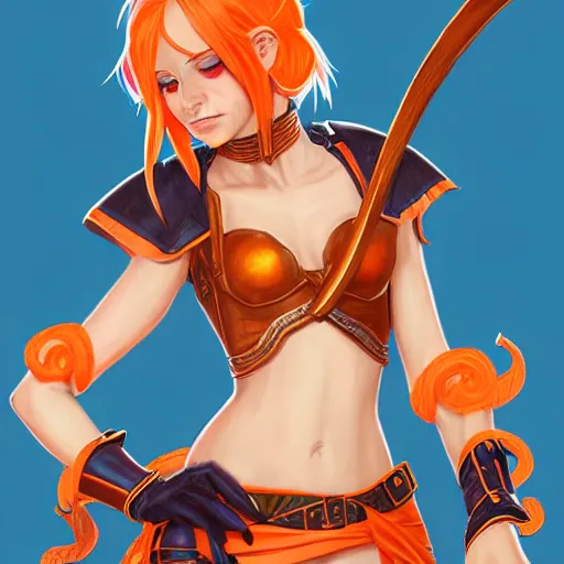 Image similar to illustrated portrait of youthful female feminine horned tiefling female bard with long blue bob cut hairstyle, her skin is orange and tanned, and her eyes are pure black orbs, and she is wearing colorful leather armor by rossdraws,