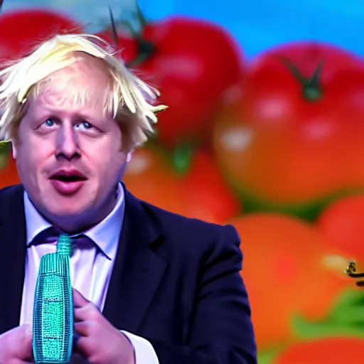 Prompt: boris johnson singing with a microphone on americas got talent, tomatoes and anchors being thrown at him, 4 k photograph