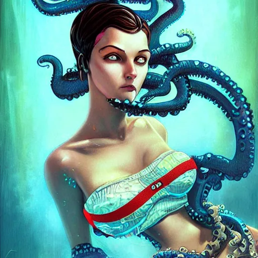 Image similar to lofi underwater bioshock bikini portrait, octopus, Pixar style, by Tristan Eaton Stanley Artgerm and Tom Bagshaw.