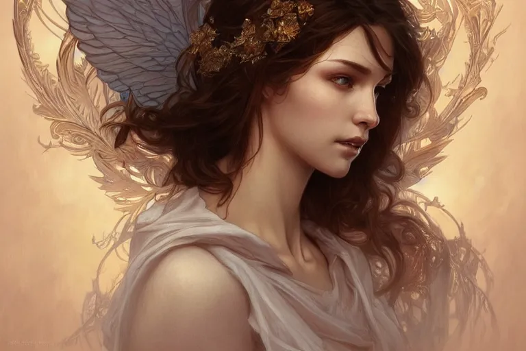 Image similar to portrait of beautiful angel, d & d, face, fantasy, intricate, elegant, highly detailed, digital painting, artstation, concept art, smooth, sharp focus, illustration, art by artgerm and greg rutkowski and alphonse mucha